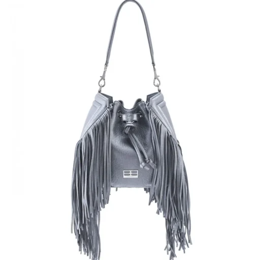 Aleksandra Badura - Lucky Bucket Bag Medium - Fringe Bucket Bag Medium - Grey - Luxury High Quality Leather Bag - Avvenice
