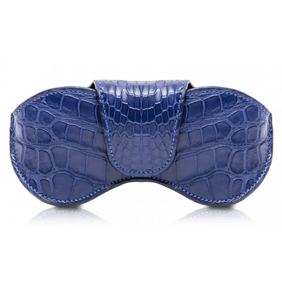 Ammoment - Eyeglass Case - Porosus Crocodile in Blue Navy - Luxury Eyeglass Leather Cover - Avvenice