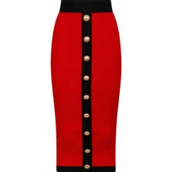 Balmain - Buttoned Knit Midi Skirt - Red Black - Balmain Exclusive Luxury Collection - Avvenice