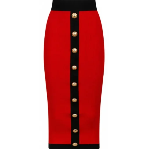 Balmain - Buttoned Knit Midi Skirt - Red Black - Balmain Exclusive Luxury Collection - Avvenice