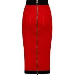Balmain - Buttoned Knit Midi Skirt - Red Black - Balmain Exclusive Luxury Collection - Avvenice