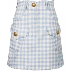Balmain - Gingham Tweed A-Line Skirt - Blue - Balmain Exclusive Luxury Collection - Avvenice
