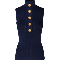 Balmain - Pointelle Knit High Neck Top - Navy Blue - Balmain Exclusive Luxury Collection - Avvenice