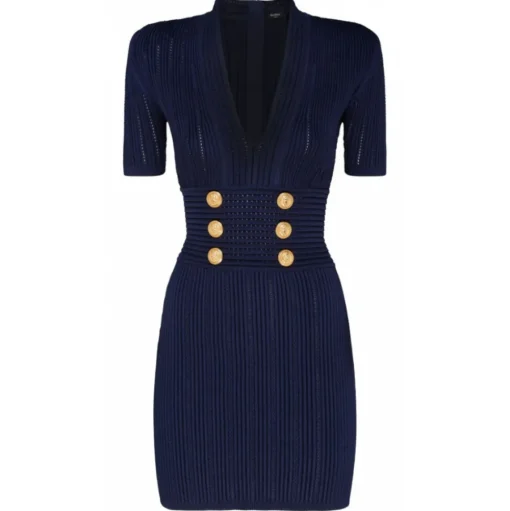 Balmain - Ribbed Knit Mini Dress - Navy Blue - Balmain Exclusive Luxury Collection - Avvenice