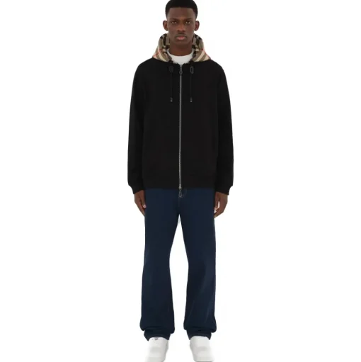 Burberry - Cotton Blend Hooded Sweatshirt with Tartan Pattern - Black / Birch Brown - Exclusive Burberry Collection - Avvenice