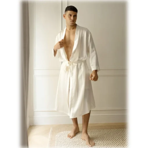 by Dariia Day - Long Silk Robe - Powder White - Fashion - New Collection - Mulberry Silk - Artisan Silk Robe - Luxury - Avvenice