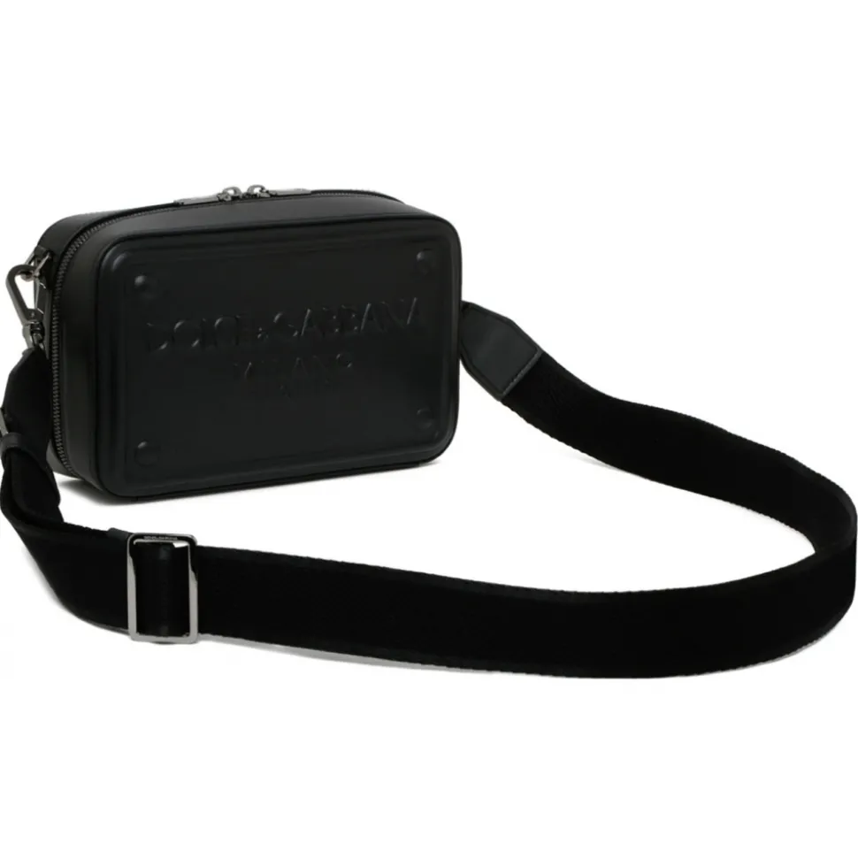 Dolce & Gabbana - Black Calf Leather Logo Embossed Crossbody Bag - Dolce & Gabbana Exclusive Luxury Collection - Avvenice