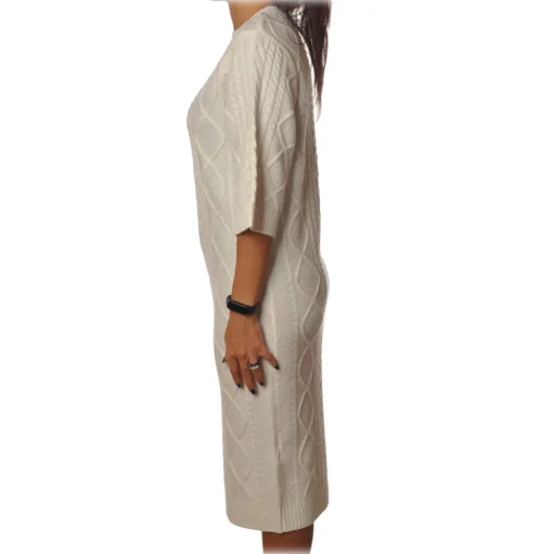 Elisabetta Franchi - 3/4 Long Sleeve Crew-Neck - Butter - Dress - Made in Italy - Luxury Exclusive Collection - Avvenice