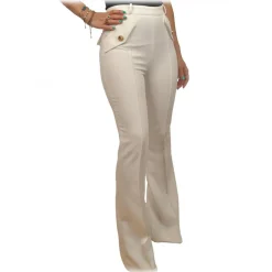 Elisabetta Franchi - Flared Leg Pants with Gold Buttons - Cream - Trousers - Made in Italy - Luxury Exclusive Collection - Avvenice