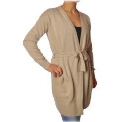 Elisabetta Franchi - Long Cardigan with Belt - Beige - Pullover - Made in Italy - Luxury Exclusive Collection - Avvenice
