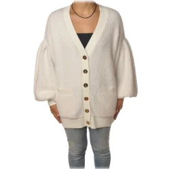 Elisabetta Franchi - Oversized Cardigan with Gold Buttons - Ivory - Pullover - Made in Italy - Luxury Exclusive Collection - Avvenice