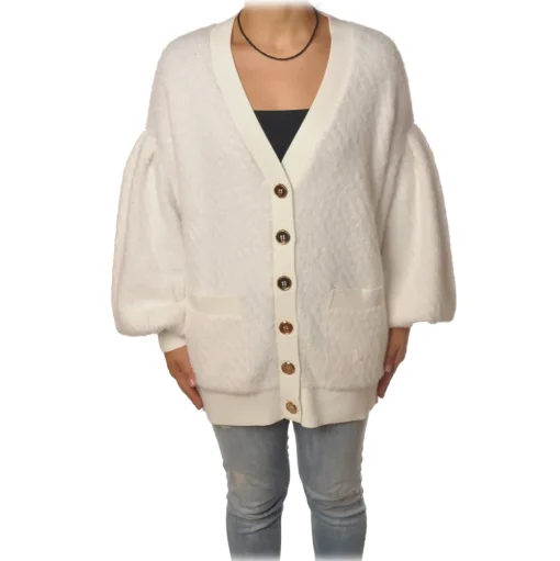Elisabetta Franchi - Oversized Cardigan with Gold Buttons - Ivory - Pullover - Made in Italy - Luxury Exclusive Collection - Avvenice