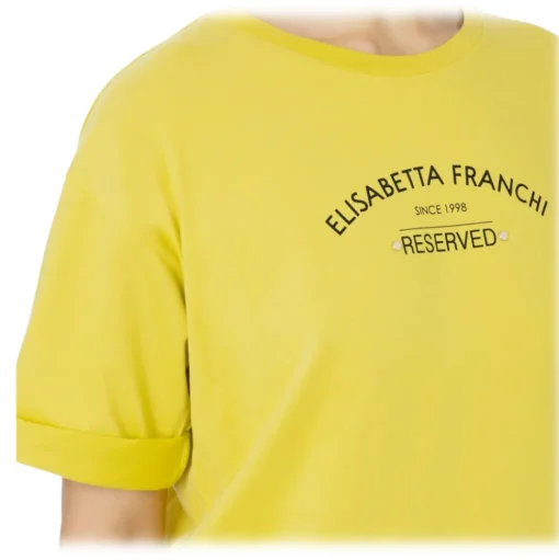 Elisabetta Franchi - T-Shirt with Logo and Metallic Details - Yellow - T-Shirt - Made in Italy - Luxury Exclusive Collection - Avvenice