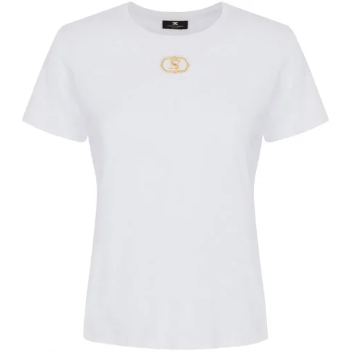 Elisabetta Franchi - T-Shirt with Metal Logo Application - White - T-Shirt - Made in Italy - Luxury Exclusive Collection - Avvenice