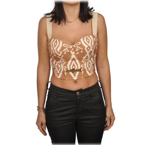 Elisabetta Franchi - Two-Tone Patterned Bodice - Caramel/White - Top - Made in Italy - Luxury Exclusive Collection - Avvenice