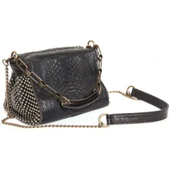 Laura B - Bauletto Bag - Leather and Mesh Bag - Python - Black Dorè - Strap Bag - Luxury High Quality Bag - Avvenice
