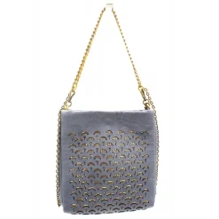 Laura B - Jaipur Disco Bag - Leather and Mesh Bag - Gray - Strap Bag - Luxury High Quality Bag - Avvenice