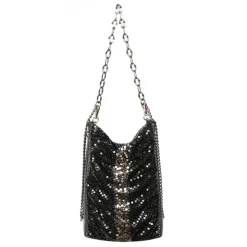 Laura B - Line Box Disco Bag - Leather and Mesh Bag - Black - Strap Bag - Luxury High Quality Bag - Avvenice