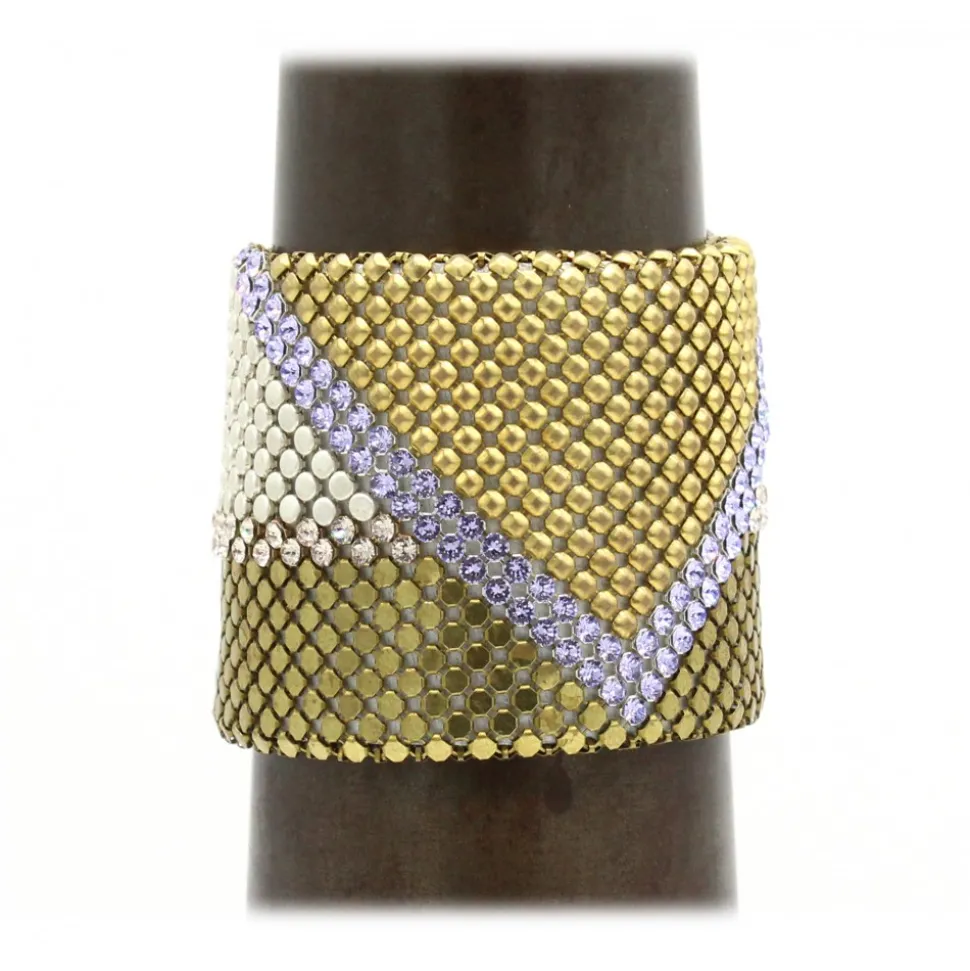 Laura B - Pyramid Cuff - Mesh and Swarovski Bracelet - Gold - Lilac Swarovski - Handmade Bracelet - Luxury High Quality - Avvenice