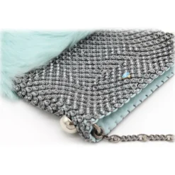 Laura B - Soft Mobile Bag - Lapin Bag with Net and Swarovski - Light Blue - Luxury High Quality Leather Bag - Avvenice