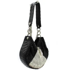 Laura B - U Turn Croco Hand - Black Croco - Black Silver White - Strap Bag - Luxury High Quality Bag - Avvenice