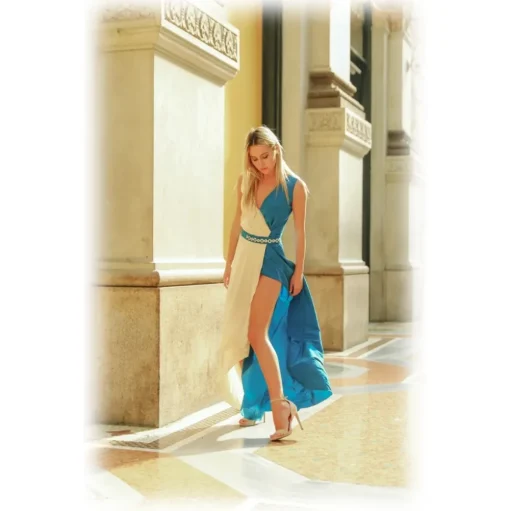Miriam Tirinzoni - Long Tailored Dress - Blue and Creamy White - Dresses - Luxury Exclusive Collection - Avvenice