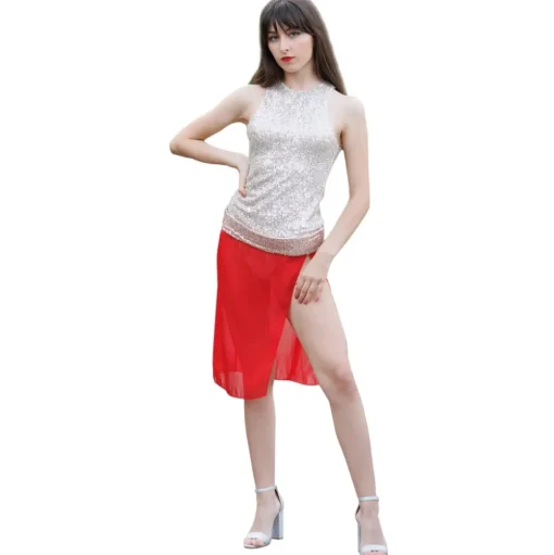 Miriam Tirinzoni - Tailored Swimsuit in Gold Sequins with a Coordinated Red Skirt - Swimwear - Luxury Exclusive Collection - Avvenice