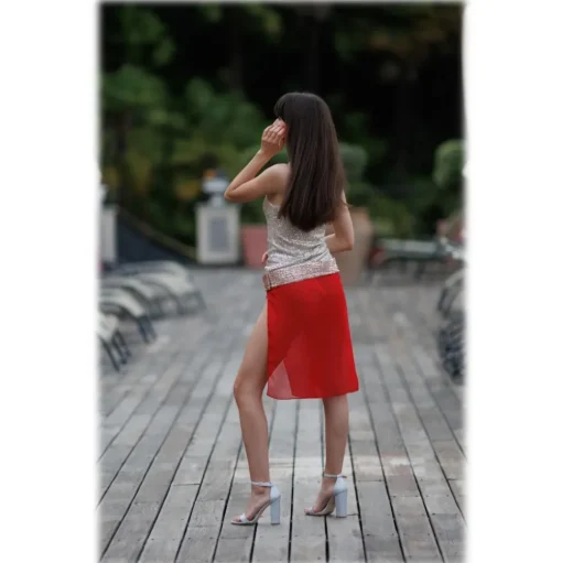 Miriam Tirinzoni - Tailored Swimsuit in Gold Sequins with a Coordinated Red Skirt - Swimwear - Luxury Exclusive Collection - Avvenice