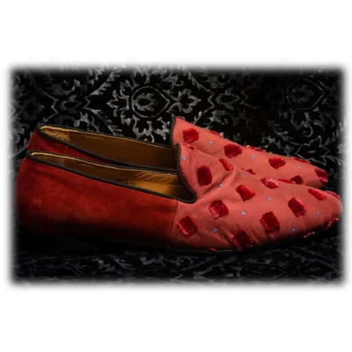 Nicolao Atelier - Silk Slipper Sock - Red with Red Velvet Check Pattern Man - Shoe - Made in Italy - Luxury Exclusive Collection - Avvenice