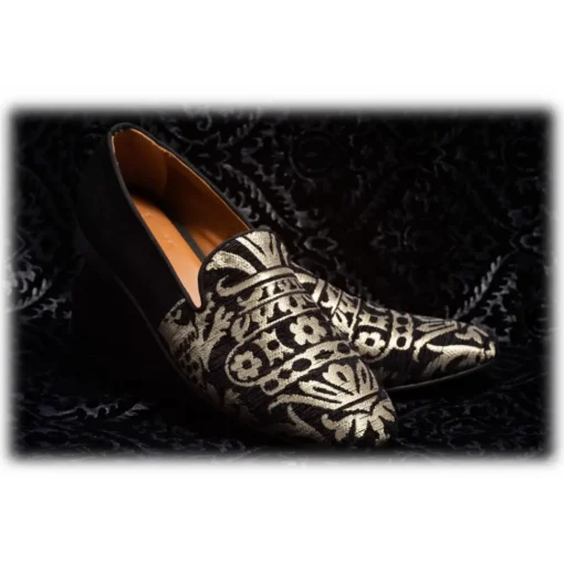 Nicolao Atelier - Slipper Shoe - Black Silk with Gold Pattern Man - Shoe - Made in Italy - Luxury Exclusive Collection - Avvenice