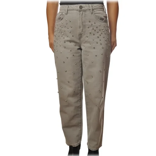 Pinko - Boyfriend Jeans Maddie8 in Gray Canvas with Strass - Gray - Trousers - Made in Italy - Luxury Exclusive Collection - Avvenice