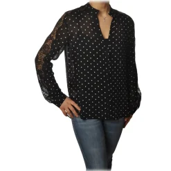 Pinko - Shirt Marronglace with Sleeves in Lace and Pois Pattern - Black - Shirt - Made in Italy - Luxury Exclusive Collection - Avvenice