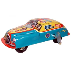 Saint John - Space Patrol Car - Collectible Retro Wind Up Tin Toy - Yellow Red Blue - Tin Toys - Avvenice