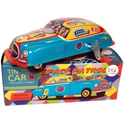 Saint John - Space Patrol Car - Collectible Retro Wind Up Tin Toy - Yellow Red Blue - Tin Toys - Avvenice
