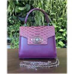 Suèi - Bag of Medium Size of Python & Calf Leather - Plum - Handmade in Italy - Luxury Exclusive Collection - Avvenice