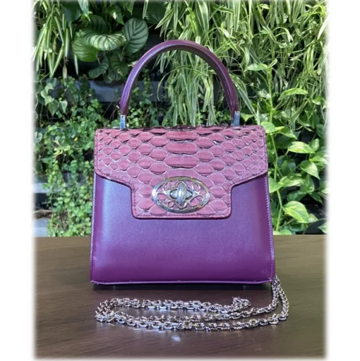 Suèi - Bag of Medium Size of Python & Calf Leather - Plum - Handmade in Italy - Luxury Exclusive Collection - Avvenice