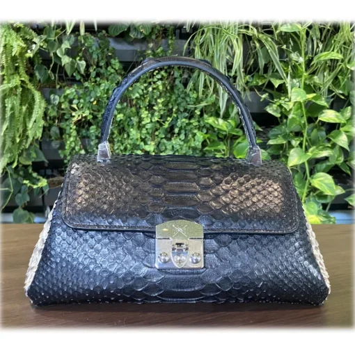 Suèi - Bag of Medium Size of Python Leather - Black & Beige - Handmade in Italy - Luxury Exclusive Collection - Avvenice