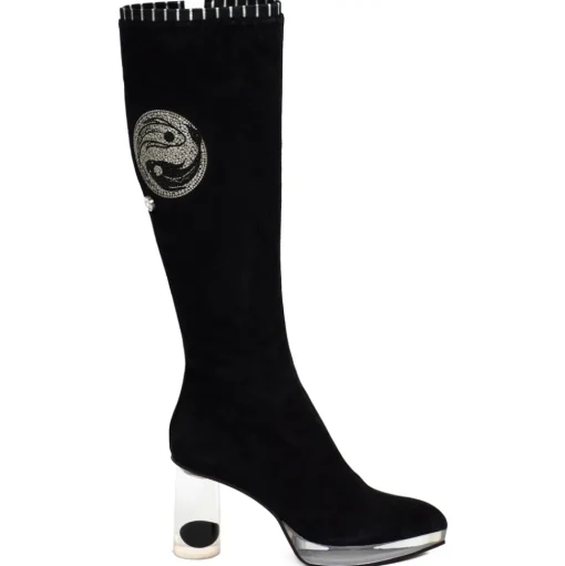 Suèi - High Black Boots With Transparent - Heels and Yin&Yang Motive - Handmade in Italy - Luxury Exclusive Collection - Avvenice