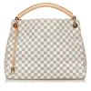 The Artsy MM features a damier azur canvas body, a rolled vachetta handle, an open top, and interior zip and slip pockets. - Avvenice