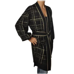 Twinset - Cardigan with Belt in Square Pattern - Black/Gold - Knitwear - Made in Italy - Luxury Exclusive Collection - Avvenice