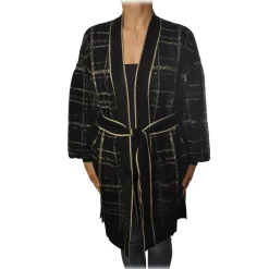 Twinset - Cardigan with Belt in Square Pattern - Black/Gold - Knitwear - Made in Italy - Luxury Exclusive Collection - Avvenice