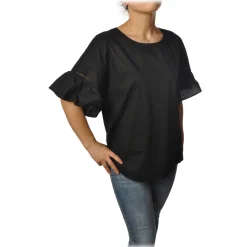Twinset - Crew-neck Shirt with Short Sleeves and Frill - Black - Shirt - Made in Italy - Luxury Exclusive Collection - Avvenice