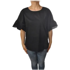 Twinset - Crew-neck Shirt with Short Sleeves and Frill - Black - Shirt - Made in Italy - Luxury Exclusive Collection - Avvenice