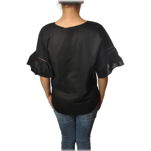 Twinset - Crew-neck Shirt with Short Sleeves and Frill - Black - Shirt - Made in Italy - Luxury Exclusive Collection - Avvenice