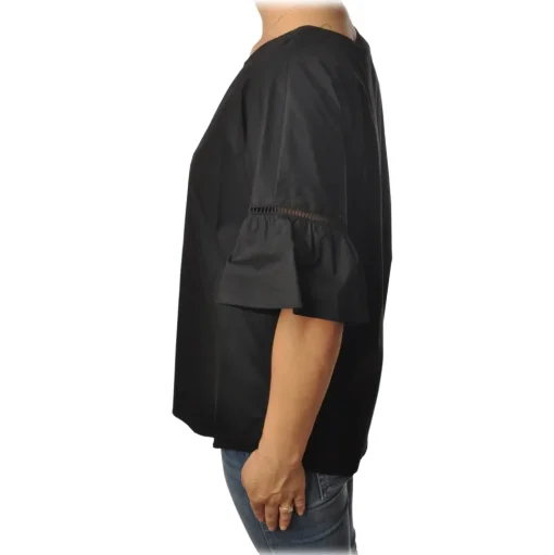 Twinset - Crew-neck Shirt with Short Sleeves and Frill - Black - Shirt - Made in Italy - Luxury Exclusive Collection - Avvenice