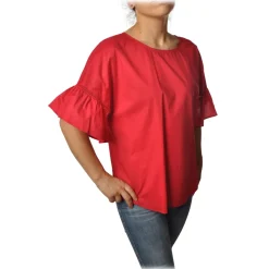 Twinset - Crew-neck Shirt with Short Sleeves and Frill - Red - Shirt - Made in Italy - Luxury Exclusive Collection - Avvenice