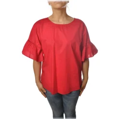 Twinset - Crew-neck Shirt with Short Sleeves and Frill - Red - Shirt - Made in Italy - Luxury Exclusive Collection - Avvenice