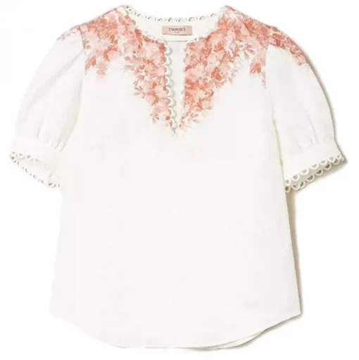 Twinset - Floral Fantasy Linen Blouse - White/Pink - Shirt - Made in Italy - Luxury Exclusive Collection - Avvenice