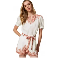 Twinset - Floral Fantasy Linen Short - White/Pink - Trousers - Made in Italy - Luxury Exclusive Collection - Avvenice