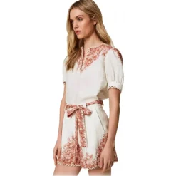 Twinset - Floral Fantasy Linen Short - White/Pink - Trousers - Made in Italy - Luxury Exclusive Collection - Avvenice